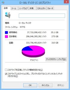 Windows 8.1インストール直後のC:ドライブのプロパティ